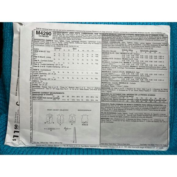 McCalls 4290 pattern kids Boys vest bow tie cummerbund neck tie size 10 12 14 - Picture 3 of 6